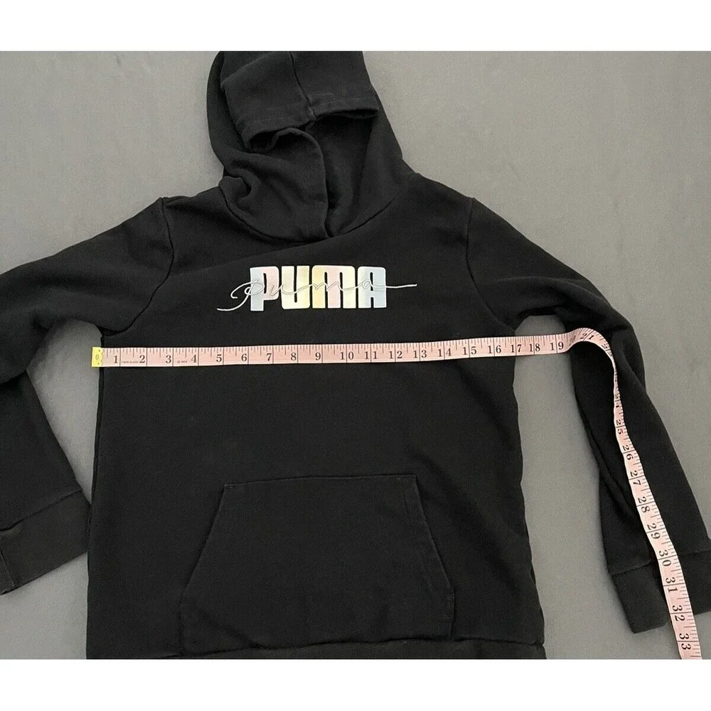 Puma Girl Size Large 14/16 Black Logo Graphic Long Sleeve Hoodie Sweater
